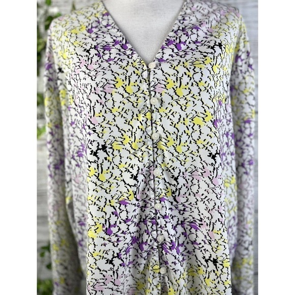 Liz Claiborne Blouse Tunic size Large Purple Yellow Floral Modest Career Slim - Picture 6 of 12